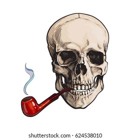 Hand drawn human skull smoking lacquered wooden pipe, sketch style vector illustration isolated on white background. Realistic hand drawing of skull with smoking pipe