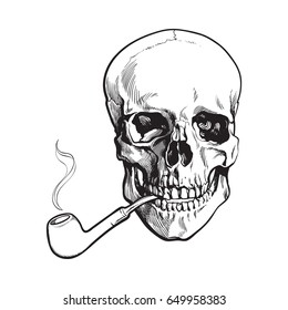 Hand drawn human skull smoking lacquered wooden pipe, black and white sketch style vector illustration isolated on white background. Realistic hand drawing of skull with smoking pipe