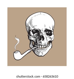 Hand drawn human skull smoking lacquered wooden pipe, black and white sketch style vector illustration isolated on brown background. Realistic hand drawing of skull with smoking pipe