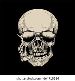 Hand Drawn Human Skull Smoking Cigar And Wearing Sunglasses On Black Background. Vector Illustration