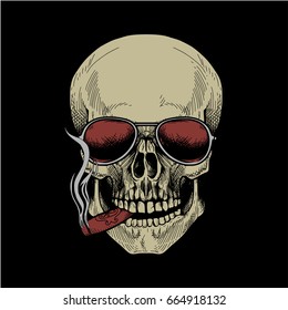 Hand drawn human skull smoking cigar and wearing sunglasses on black background. Vector illustration