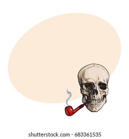 Hand drawn human skull smoking lacquered wooden pipe, sketch style vector illustration with space for text. Realistic hand drawing of skull with smoking pipe