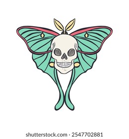 Hand drawn human skull with teal luna moth wings isolated on white background. Bohemian skeleton head with butterfly design