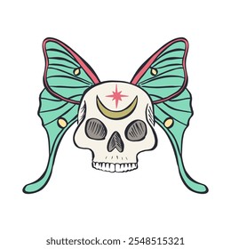 Hand drawn human skull with teal luna moth wings isolated on white background. Bohemian skeleton head with butterfly design