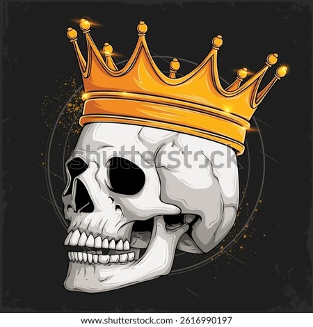 Hand drawn human skull with teeth wearing shiny golden royal crown, majestic smiling side faced human head bones isolated on black background