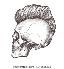 Hand drawn human skull with trendy haircut in the profile. Vector sketch engraving barbershop illustration