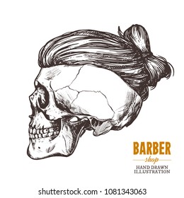 Hand drawn human skull with trendy haircut in the profile. Vector sketch engraving barbershop illustration