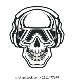 Hand drawn human skull wearing black and white sunglasses and headphone. Sketch style vector illustration isolated on white background. Outline vector skull in black. Tattoo