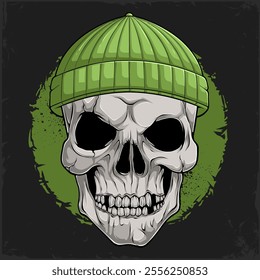 Hand drawn human skull wearing green thief burglar beanie cap, scary skeleton head with knit cap