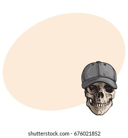Hand drawn human skull wearing grey colored unlabelled baseball cap, sketch vector illustration with space for text. Realistic hand drawing of skull wearing baseball cap