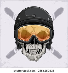 Hand drawn human skull wears snowboarding helmet with yellow goggles, skiing boards on background