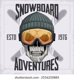 Hand drawn human skull wears skiing helmet with yellow goggles ready for snowboarding adventures