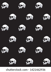 Hand Drawn Human Skulls on a Black Grunge Background. Scary Halloween Vector Pattern. White Simple Skeleton Heads Vector Design. Scary Halloween Wallpaper. White Skulls Seamless Vector Pattern.