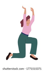 Hand drawn Human is standing pose and trying to hold something or makes exercise. Woman makes a lunge. Vector illustration in flat style