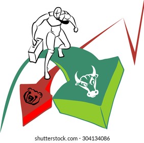 Hand drawn human with stock market graph, bull and bear shapes