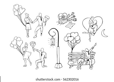 Hand drawn humans in various poses. Vector illustration in doodle style. Happy valentines day.