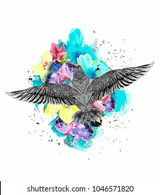 Hand drawn humming bird on watercolor background. Sketch for coloful tattoo. Line art. Boho chic. Print for t shirt. Floral pattern. Nature illustration on the white background. Poster for earth day.