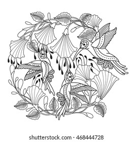 Hand drawn Hummingbird and flowers for color book for adult other decorations. isolated on white background. Illustration in zen tangle style.