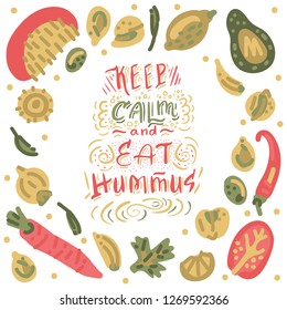 Hand drawn Hummus lettering  with different illustrations around. Unique vector quote poster.Custom typography for your designs: package, merch and t-shirts.
