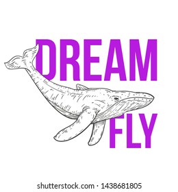 Hand drawn humpback whale with colored inscriptions isolated on white background. Vector illustration. Creative minimalistic design concept for poster, cover.