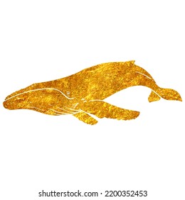 Hand drawn humpback whale in gold foil texture vector illustration