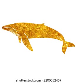 Hand drawn humpback whale in gold foil texture vector illustration