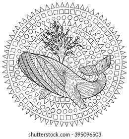 Hand drawn humpback whale in the waves for anti stress Coloring Page with high details, isolated on pattern background, illustration in zentangle style. Vector monochrome sketch. Marine collection.