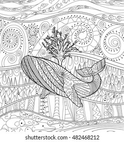 Hand drawn humpback whale in the waves for anti stress Coloring Page with high details, isolated on pattern background, illustration in zendoodle style. Vector monochrome sketch. Marine collection.