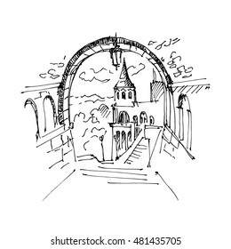 Hand drawn Hungarian parliament in Budapest. Sketch, vector illustration.