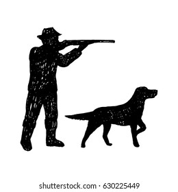 Hand drawn hunter and dog.Vector hand drawn illustration.