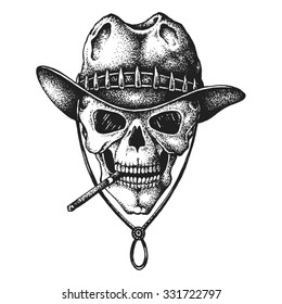 Hand drawn hunter skull in hat with cigarette. Vector illustration