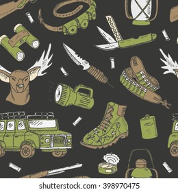 Hand drawn hunting seamless pattern. Sketchy hunt related icons, hunting elements, gun, crossbow, hunting wear cloths, boots, duck, binoculars. Vector illustration of for design and packages product. 