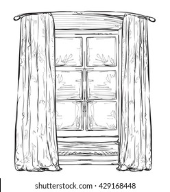 Hand drawn hurtains. Windows sketch. Interior element