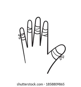 hand drawn hurted finger with bandage icon, hurt injured finger illustration in doodle style