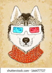 Hand Drawn Husky Dog with 3d Glasses. Vector illustration, eps10.