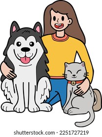 Hand Drawn husky Dog with cat and owner illustration in doodle style isolated on background