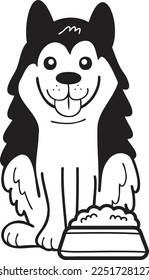Hand Drawn husky Dog with food illustration in doodle style isolated on background