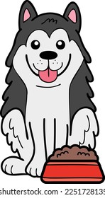 Hand Drawn husky Dog with food illustration in doodle style isolated on background