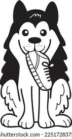 Hand Drawn husky Dog holding shoes illustration in doodle style isolated on background