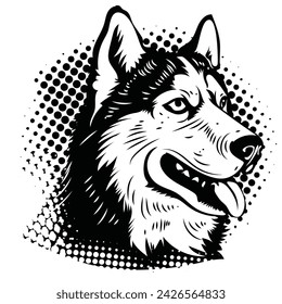 Hand drawn husky sketch and mascot black and white vector illustration.