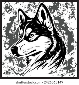 Dibujado a mano husky boceto y mascota ilustración vectorial en blanco y negro.