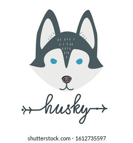 Hand drawn husky vector illustration. Isolated flat picture for t-shirt. Kids wear print with puppy. 