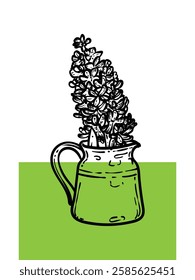 Hand drawn hyacinth with leaves in a jar. Line art spring flower illustration. Doodle of a flower in a green poster design. Ready to be used in print and online projects. 