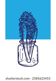 Hand drawn hyacinth with leaves in a jar. Line art spring flower illustration. Doodle of a flower in a blue poster design. Ready to be used in print and online projects. 