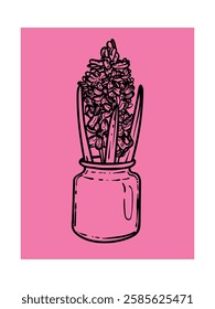 Hand drawn hyacinth with leaves in a jar. Line art spring flower illustration. Doodle of a flower in a pink poster design. Ready to be used in print and online projects. 