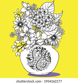 Hand drawn hydrangea and daffodil spring flower isolated on white. Vector line art elegant floral composition in chinoiserie vase, invitation card, poster design, colouring page, wedding decoration