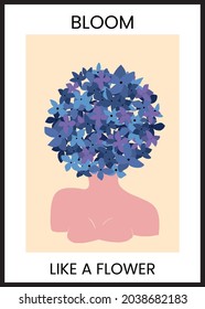 Hand drawn Hydrangea Floral illustration with affirmation quote. Background template for posters, greeting card, invitation, wall art. 