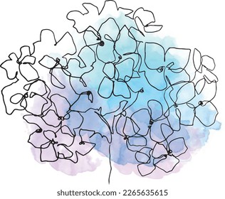 Handgezeichnete Hydrangea-Blume.Kontinuierliche Linie botanische Zeichnung. Aquarellblume.