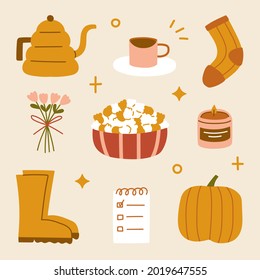 Hand drawn hygge autumn home cozy elements Scandinavian style mocha pot coffee socks bouquet popcorn note boots and pumpkin stickers