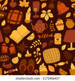 Hand drawn hygge, cozy elements. Time to Hygge. Vector pattern. autumn sweets